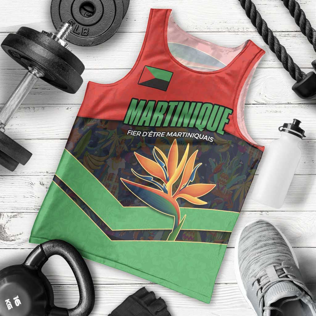 Martinique Pride Men Tank Top with Red Green Design and Tropical Bird of Paradise Flower