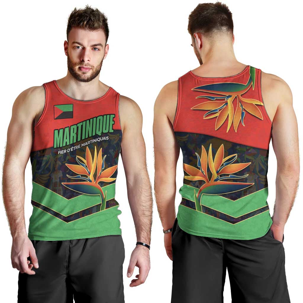 Martinique Pride Men Tank Top with Red Green Design and Tropical Bird of Paradise Flower