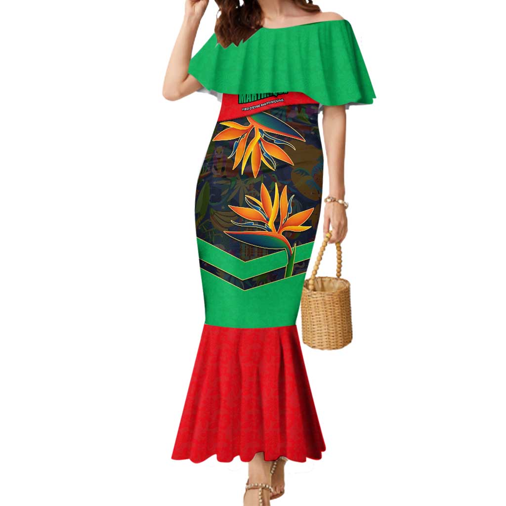 Martinique Pride Mermaid Dress with Red Green Design and Tropical Bird of Paradise Flower