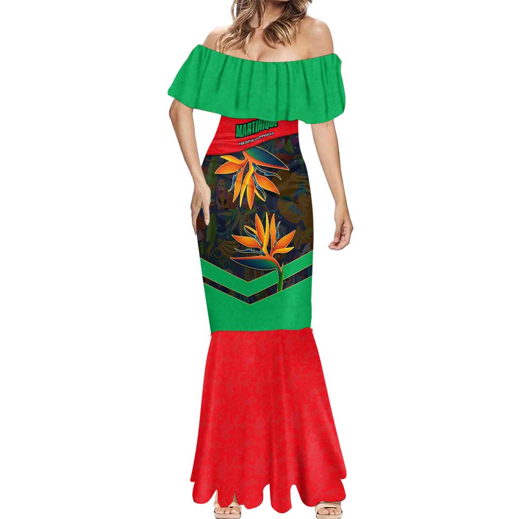 Martinique Pride Mermaid Dress with Red Green Design and Tropical Bird of Paradise Flower