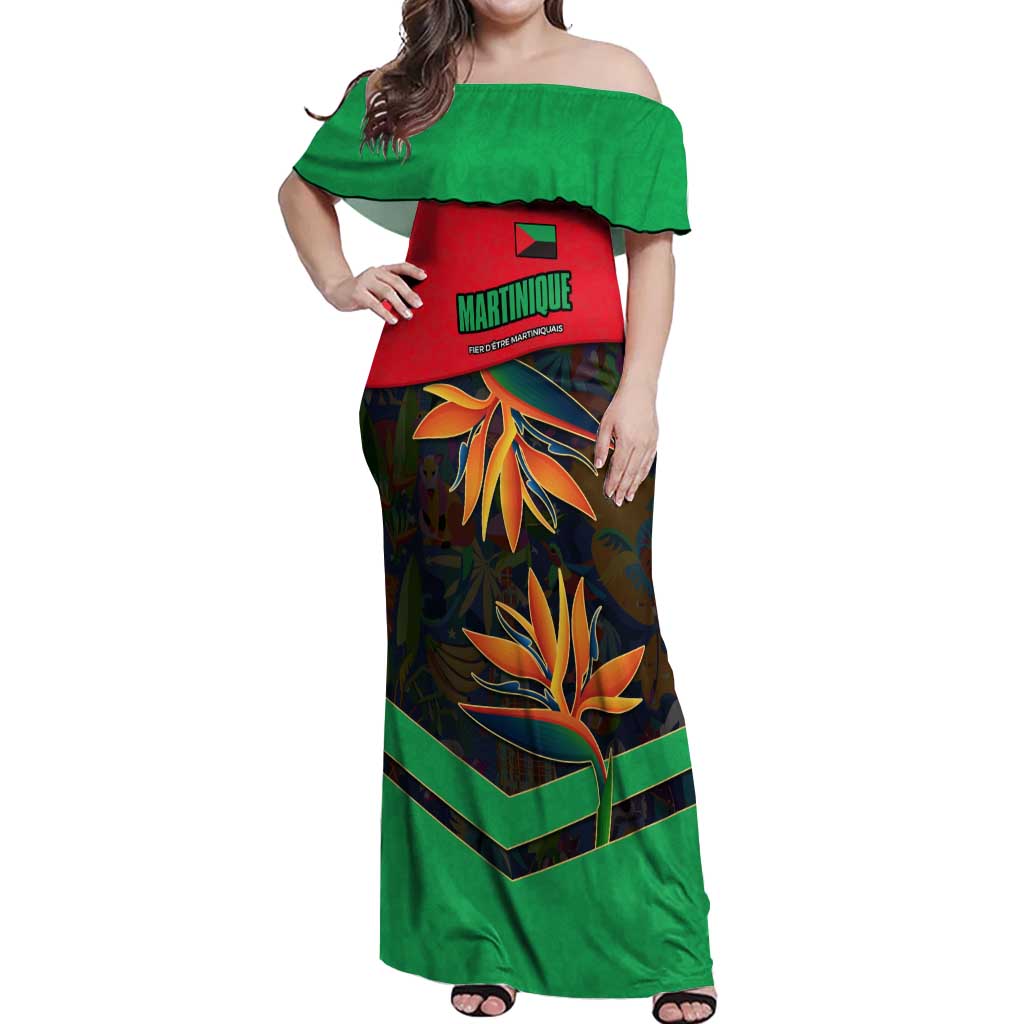 Martinique Pride Off Shoulder Maxi Dress with Red Green Design and Tropical Bird of Paradise Flower