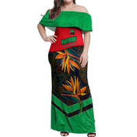 Martinique Pride Off Shoulder Maxi Dress with Red Green Design and Tropical Bird of Paradise Flower