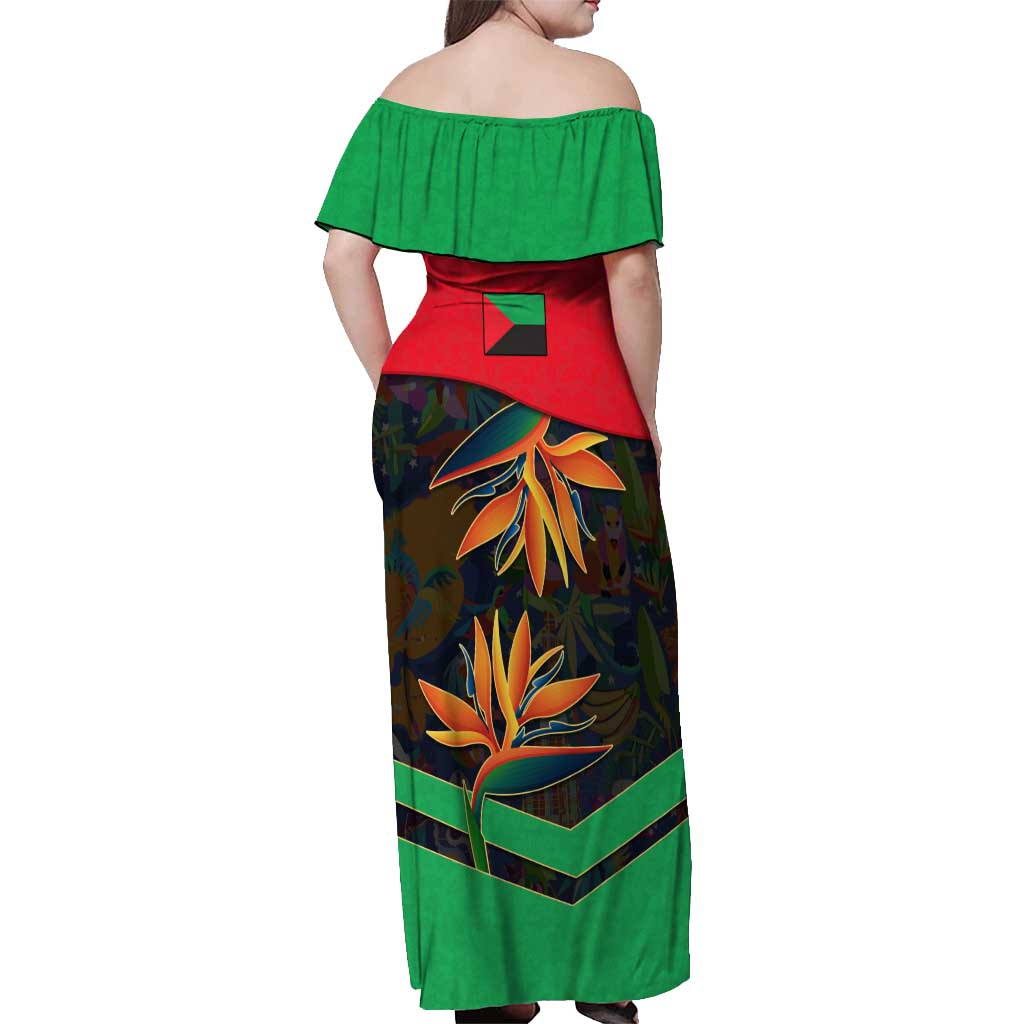 Martinique Pride Off Shoulder Maxi Dress with Red Green Design and Tropical Bird of Paradise Flower