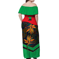 Martinique Pride Off Shoulder Maxi Dress with Red Green Design and Tropical Bird of Paradise Flower