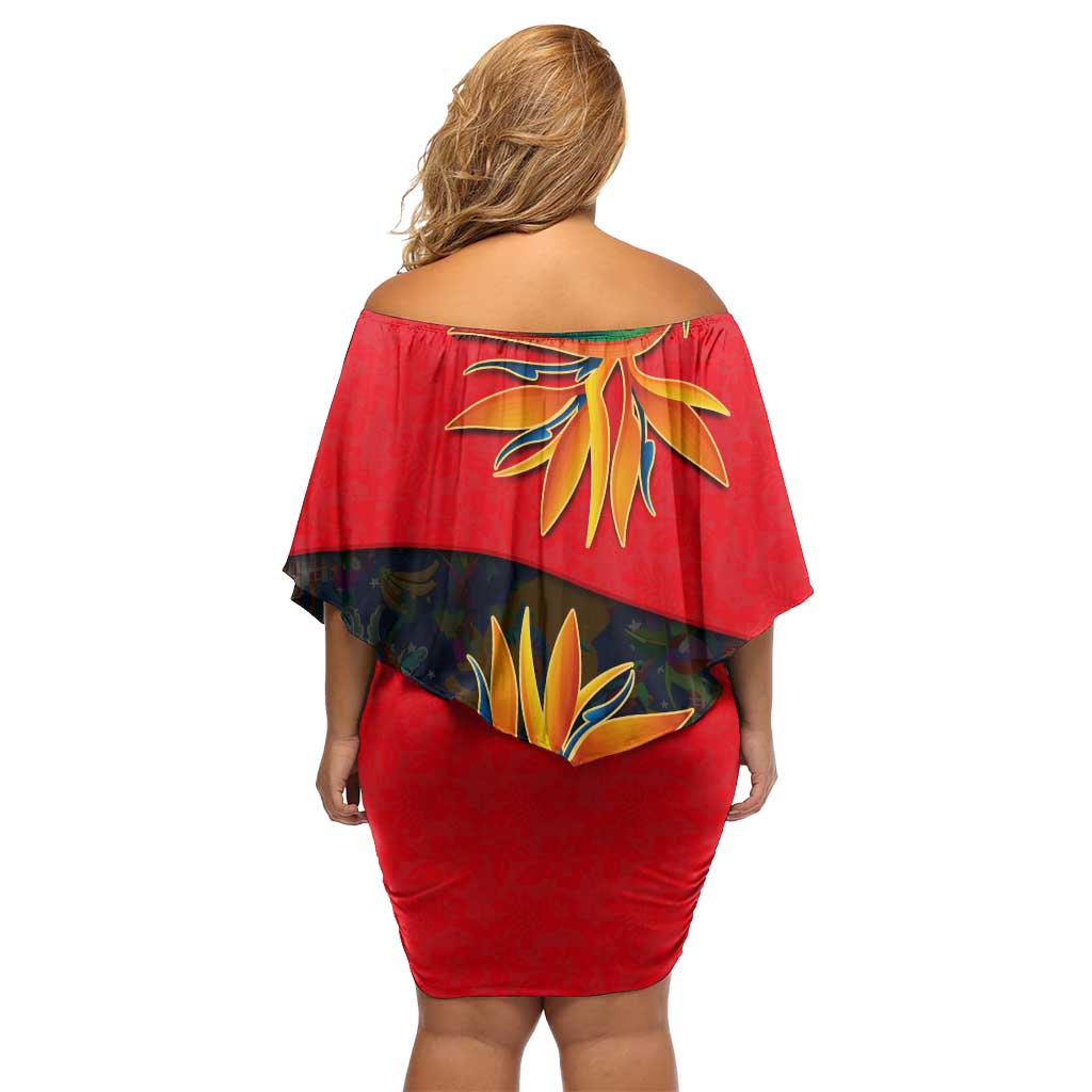 Martinique Pride Off Shoulder Short Dress with Red Green Design and Tropical Bird of Paradise Flower