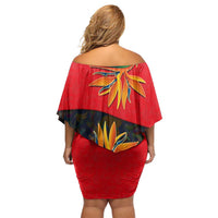 Martinique Pride Off Shoulder Short Dress with Red Green Design and Tropical Bird of Paradise Flower
