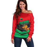 Martinique Pride Off Shoulder Sweater with Red Green Design and Tropical Bird of Paradise Flower