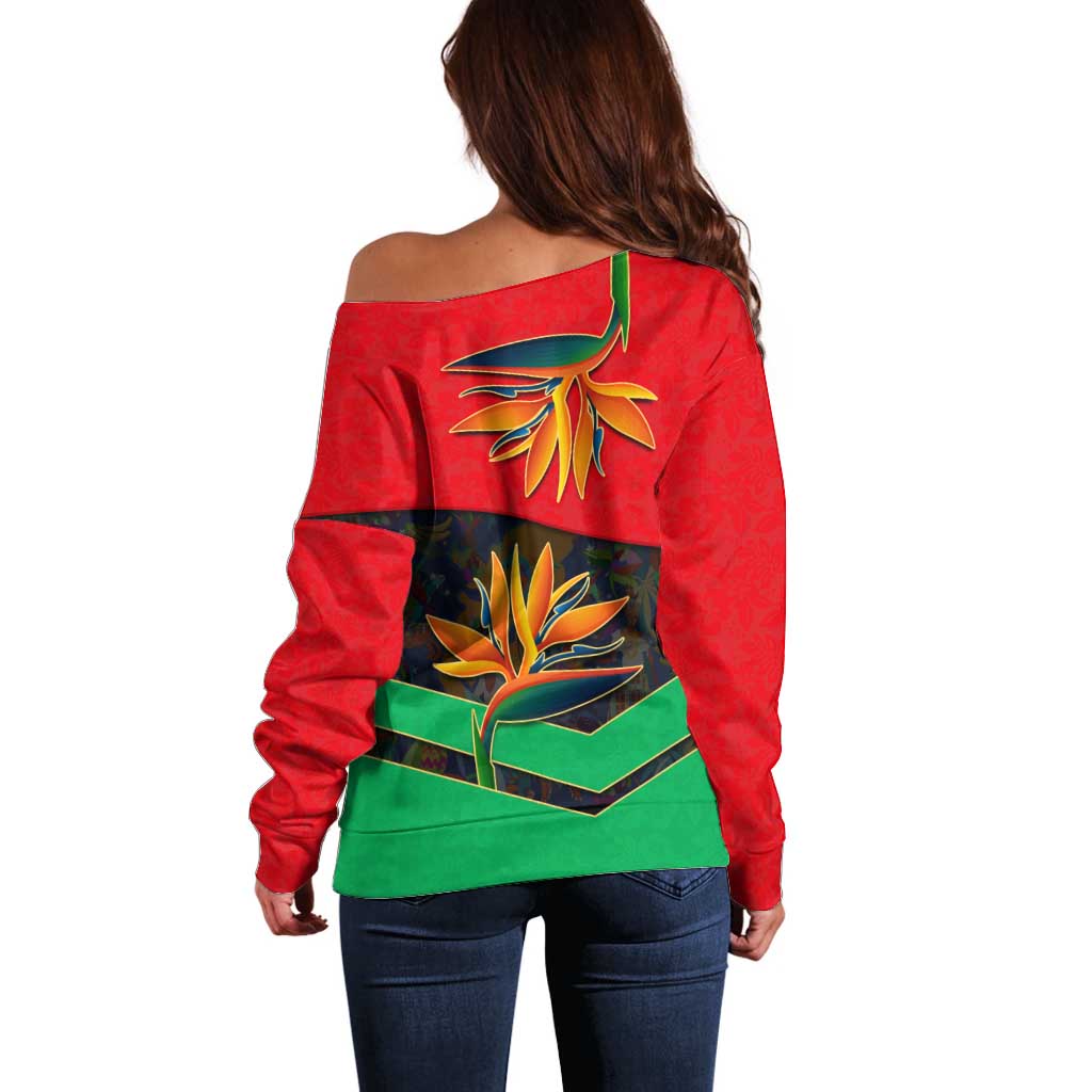 Martinique Pride Off Shoulder Sweater with Red Green Design and Tropical Bird of Paradise Flower
