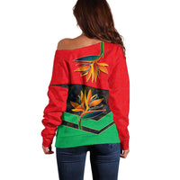 Martinique Pride Off Shoulder Sweater with Red Green Design and Tropical Bird of Paradise Flower