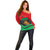 Martinique Pride Off Shoulder Sweater with Red Green Design and Tropical Bird of Paradise Flower