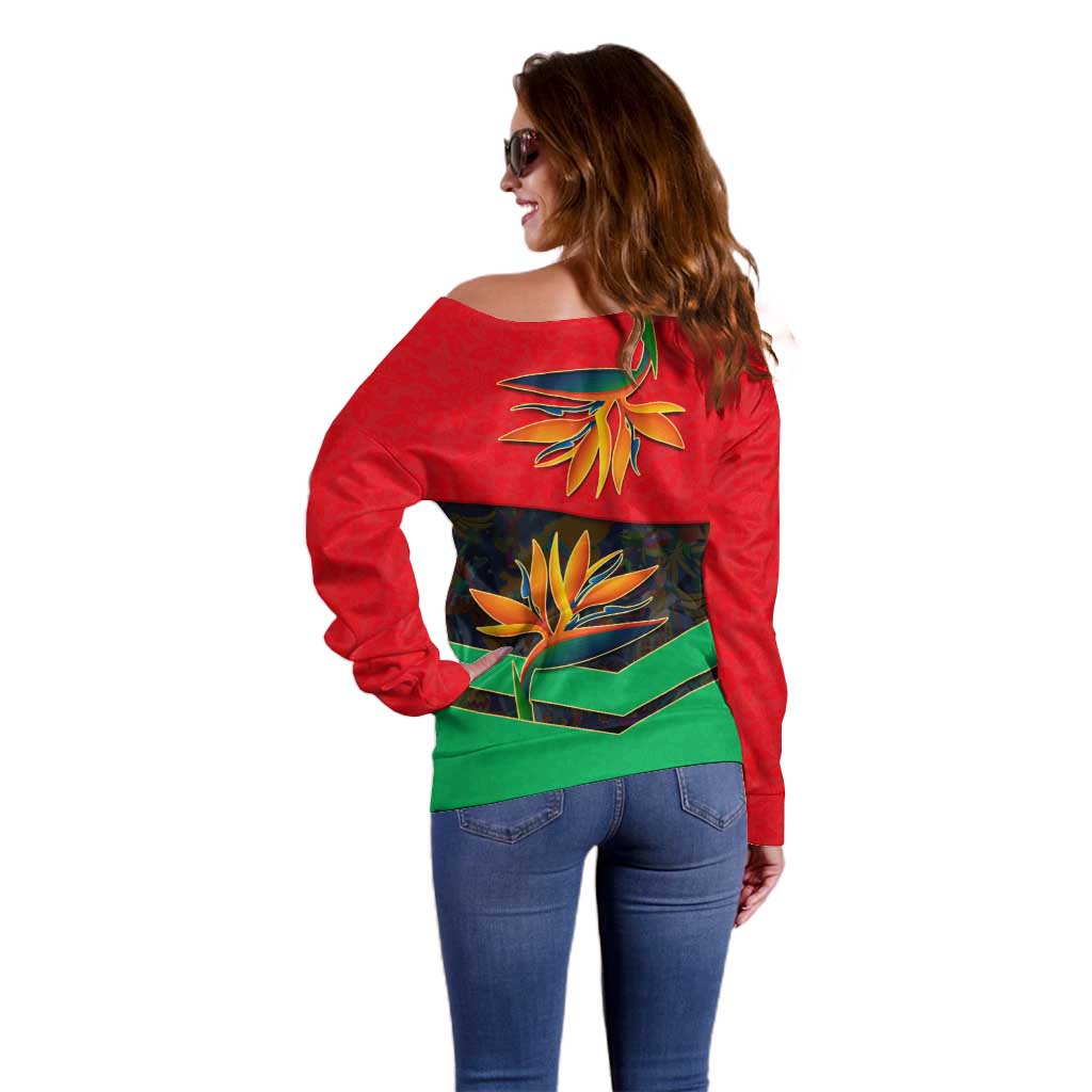 Martinique Pride Off Shoulder Sweater with Red Green Design and Tropical Bird of Paradise Flower