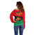 Martinique Pride Off Shoulder Sweater with Red Green Design and Tropical Bird of Paradise Flower