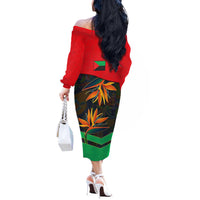 Martinique Pride Off The Shoulder Long Sleeve Dress with Red Green Design and Tropical Bird of Paradise Flower