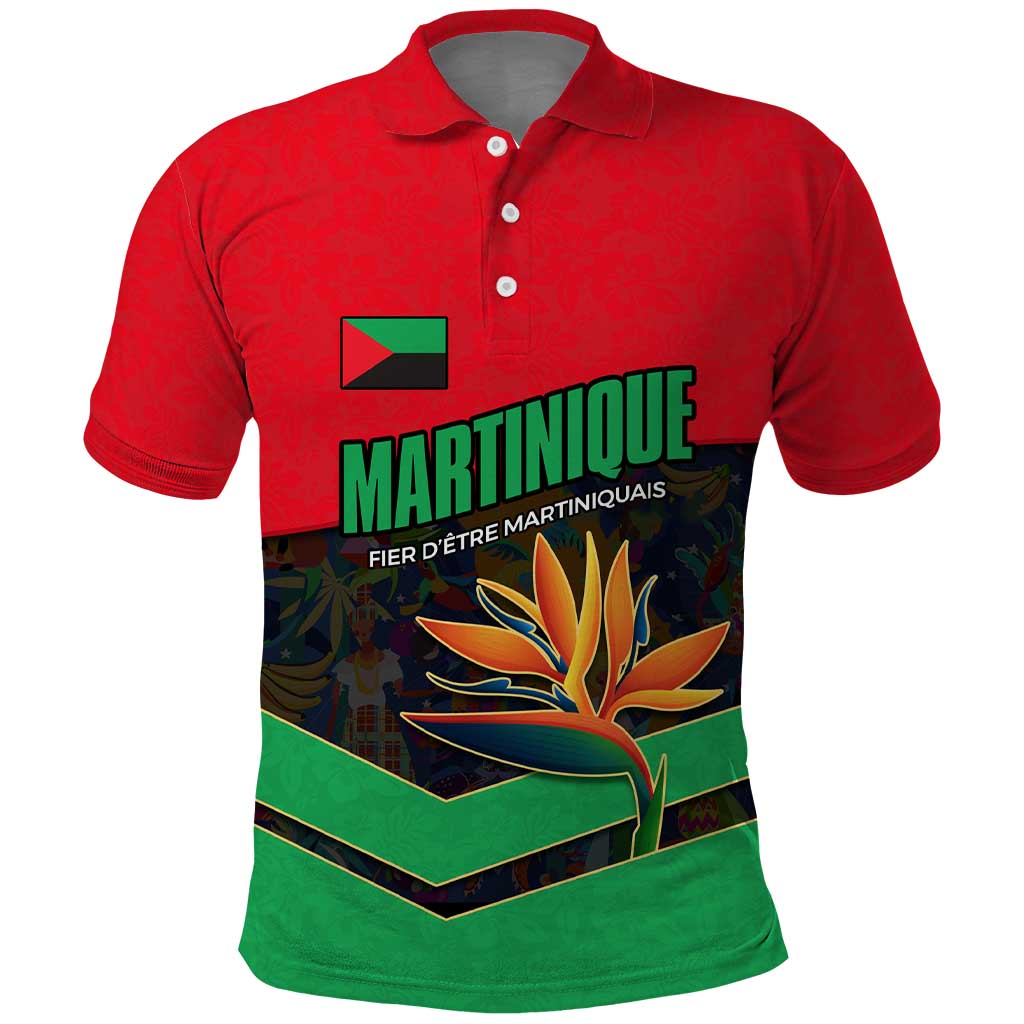 Martinique Pride Polo Shirt with Red Green Design and Tropical Bird of Paradise Flower