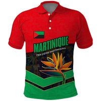 Martinique Pride Polo Shirt with Red Green Design and Tropical Bird of Paradise Flower