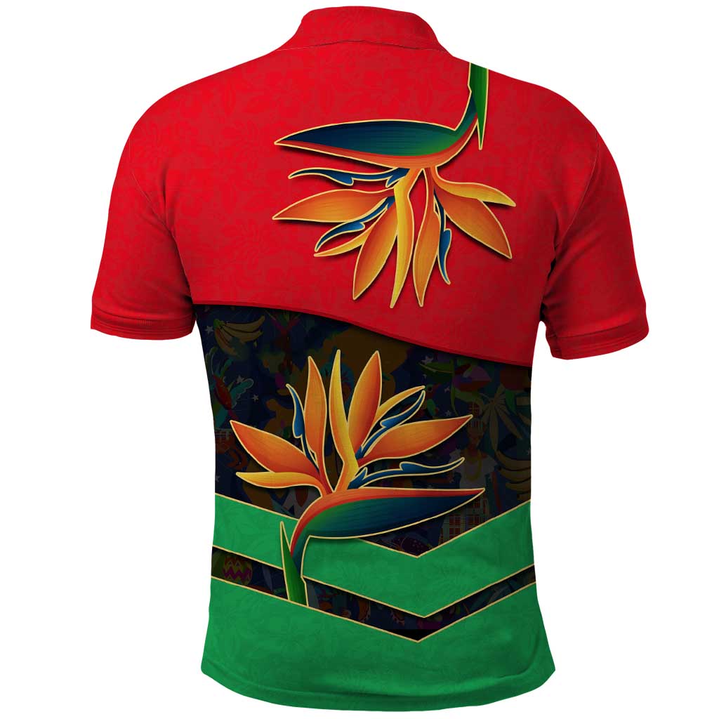 Martinique Pride Polo Shirt with Red Green Design and Tropical Bird of Paradise Flower