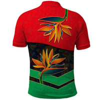 Martinique Pride Polo Shirt with Red Green Design and Tropical Bird of Paradise Flower