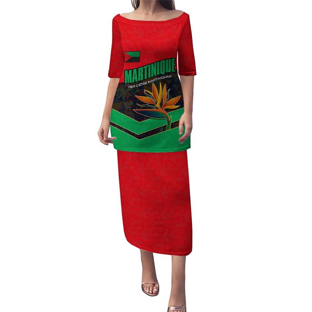 Martinique Pride Puletasi with Red Green Design and Tropical Bird of Paradise Flower