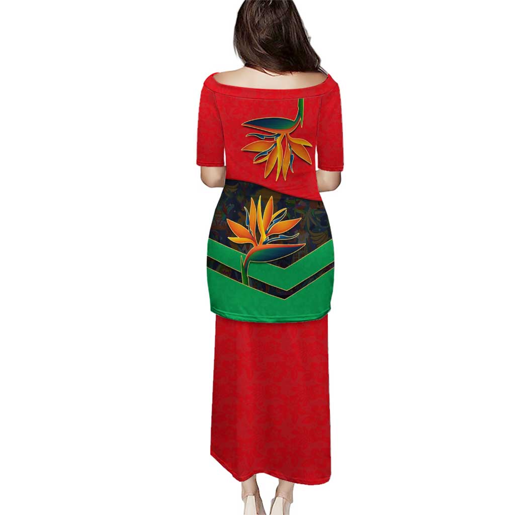 Martinique Pride Puletasi with Red Green Design and Tropical Bird of Paradise Flower