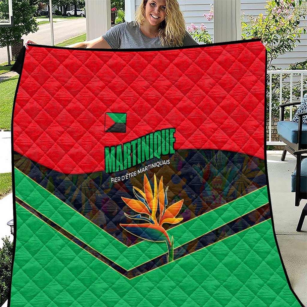 Martinique Pride Quilt with Red Green Design and Tropical Bird of Paradise Flower
