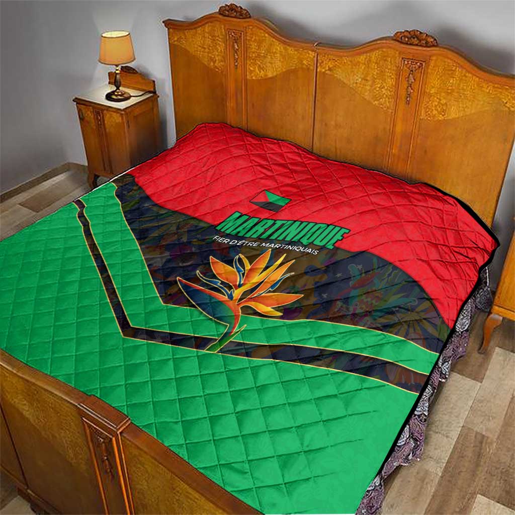 Martinique Pride Quilt with Red Green Design and Tropical Bird of Paradise Flower