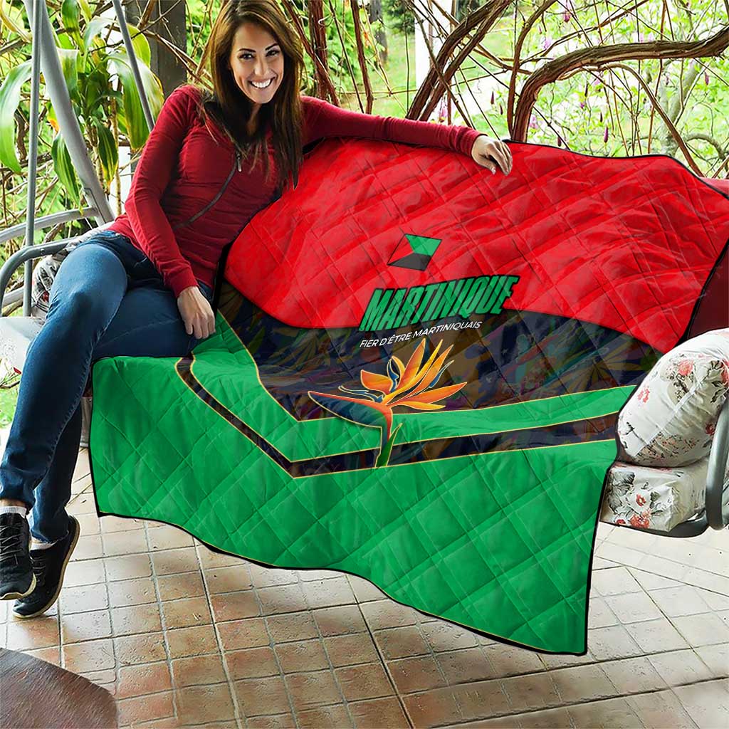 Martinique Pride Quilt with Red Green Design and Tropical Bird of Paradise Flower