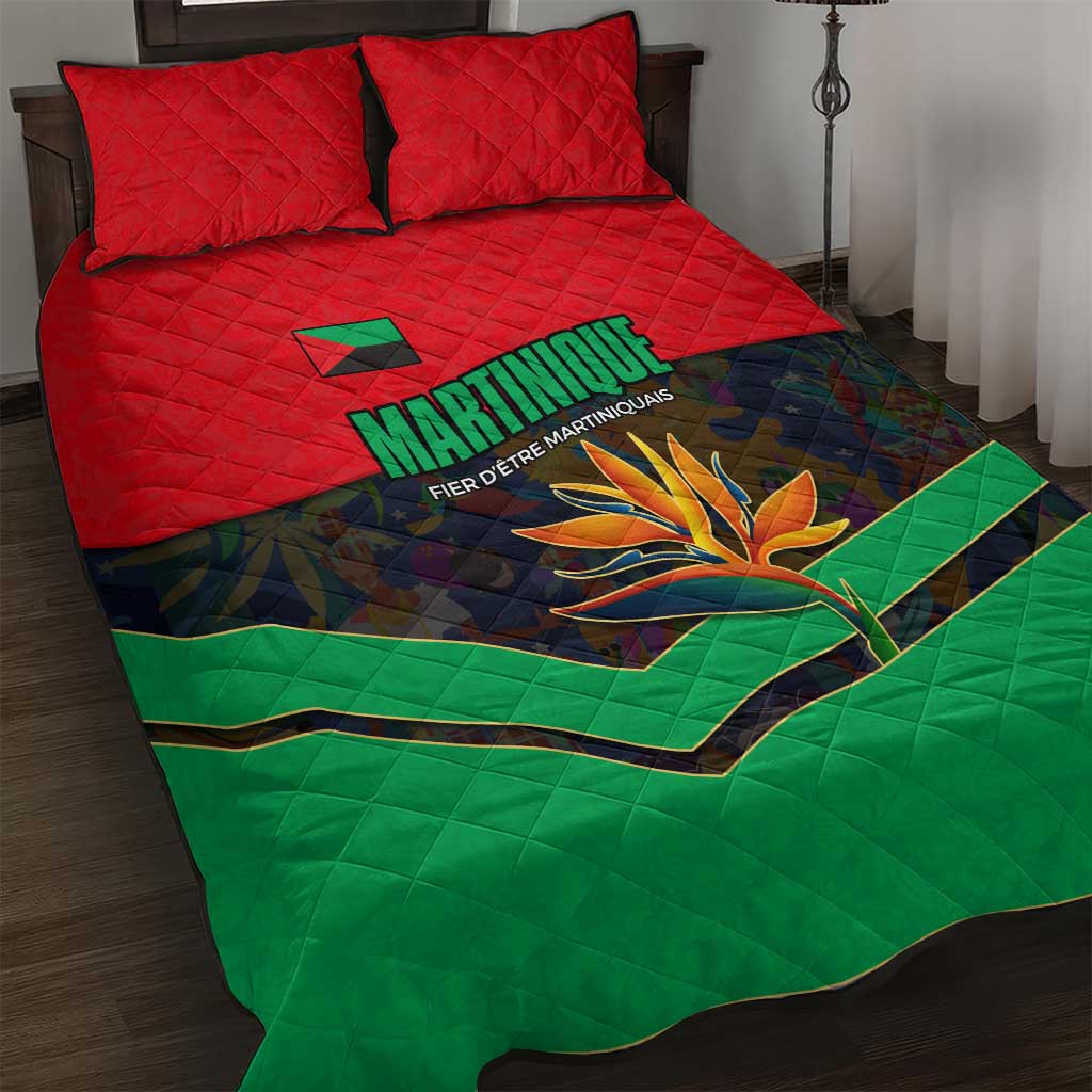 Martinique Pride Quilt Bed Set with Red Green Design and Tropical Bird of Paradise Flower