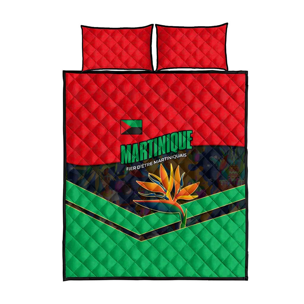 Martinique Pride Quilt Bed Set with Red Green Design and Tropical Bird of Paradise Flower