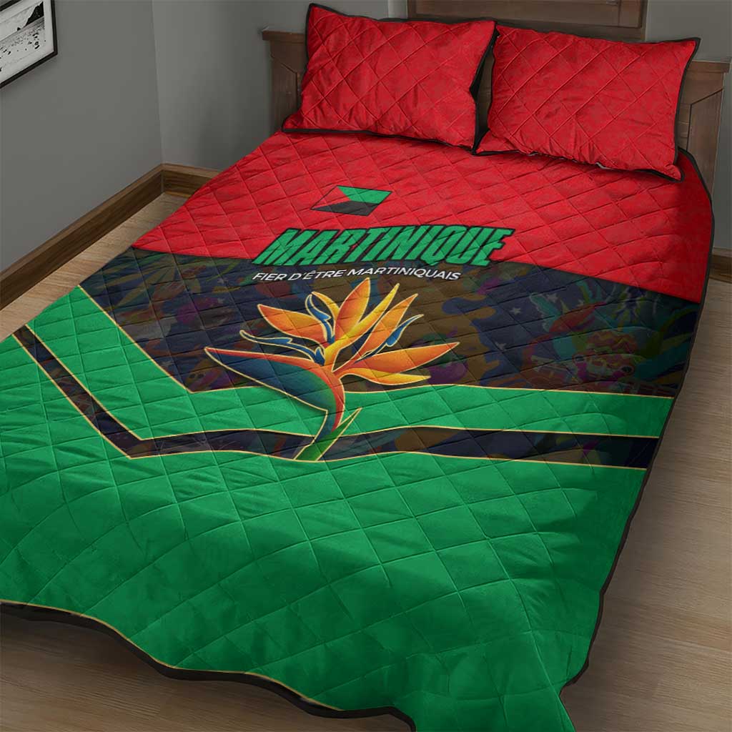 Martinique Pride Quilt Bed Set with Red Green Design and Tropical Bird of Paradise Flower