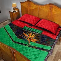 Martinique Pride Quilt Bed Set with Red Green Design and Tropical Bird of Paradise Flower