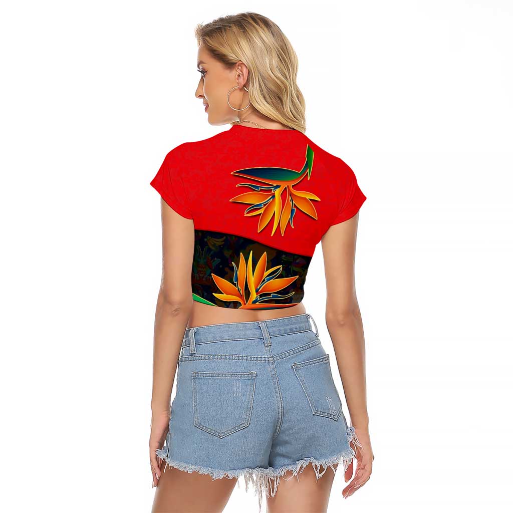 Martinique Pride Raglan Cropped T Shirt with Red Green Design and Tropical Bird of Paradise Flower