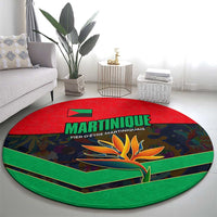 Martinique Pride Round Carpet with Red Green Design and Tropical Bird of Paradise Flower
