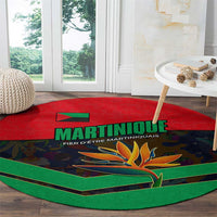Martinique Pride Round Carpet with Red Green Design and Tropical Bird of Paradise Flower