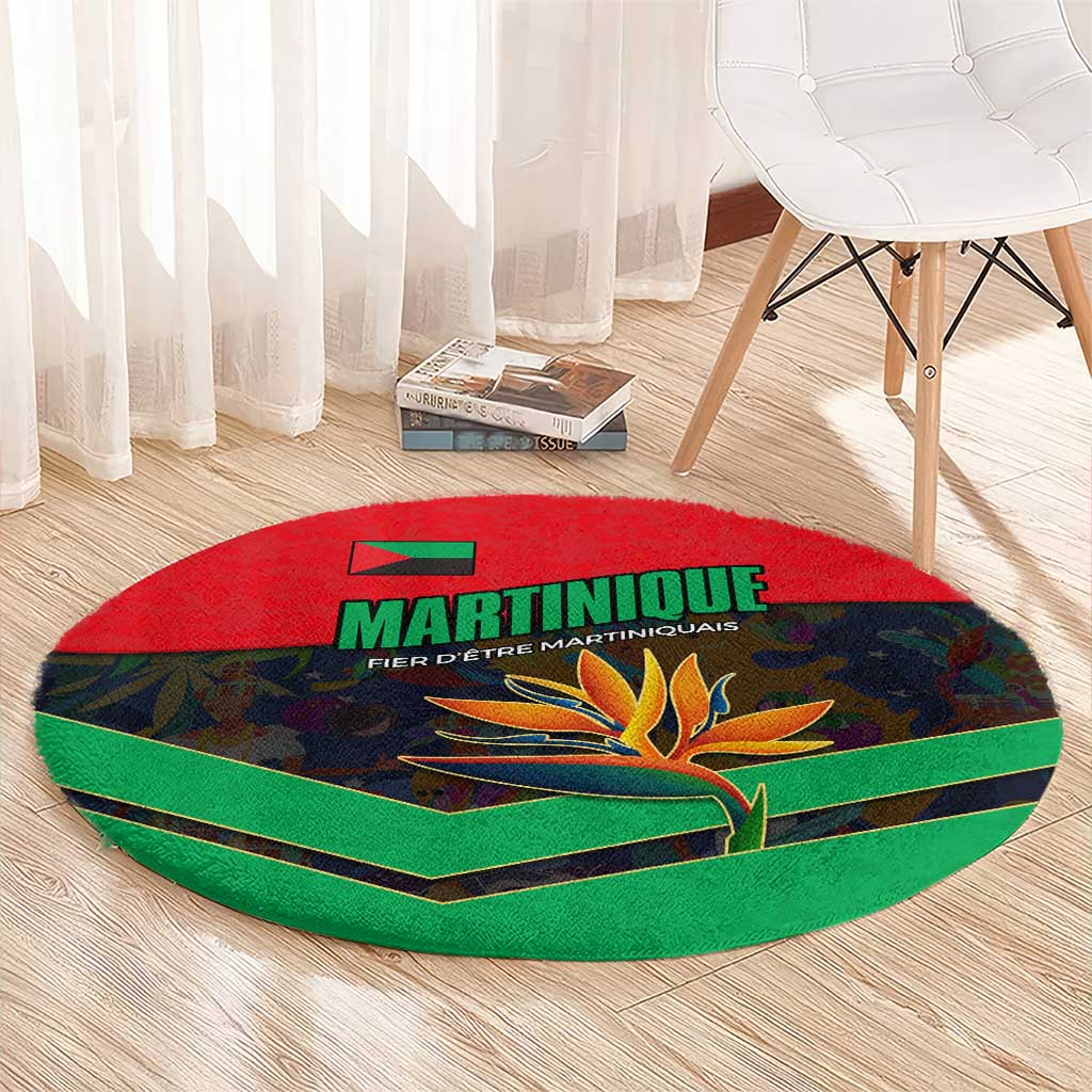 Martinique Pride Round Carpet with Red Green Design and Tropical Bird of Paradise Flower