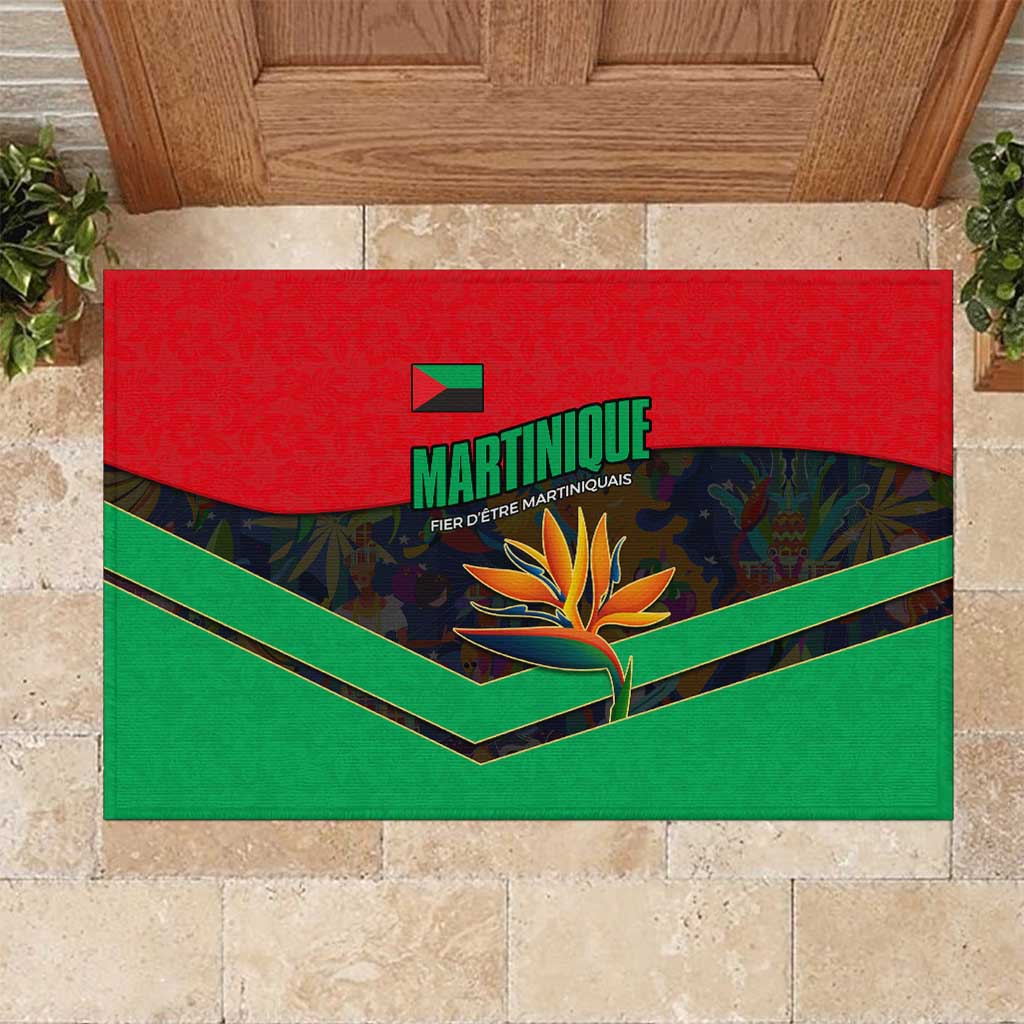 Martinique Pride Rubber Doormat with Red Green Design and Tropical Bird of Paradise Flower