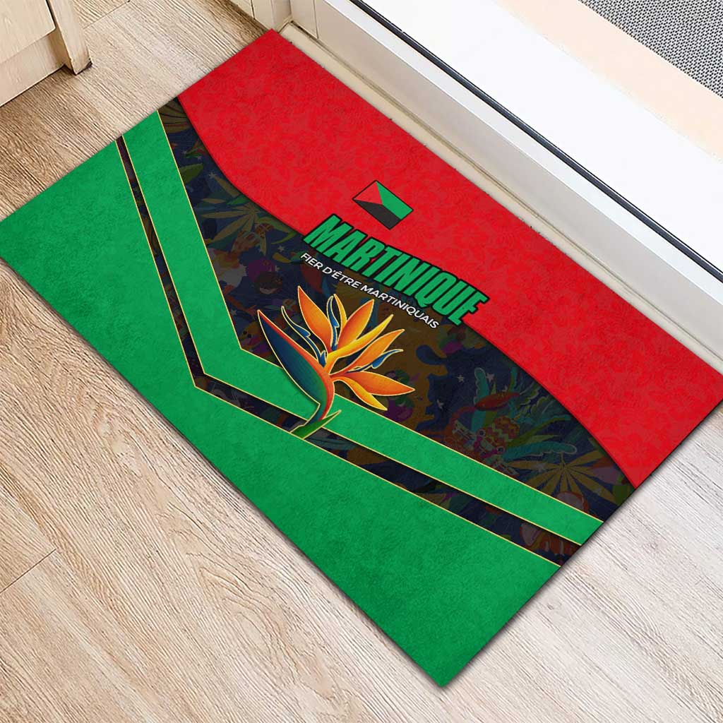 Martinique Pride Rubber Doormat with Red Green Design and Tropical Bird of Paradise Flower