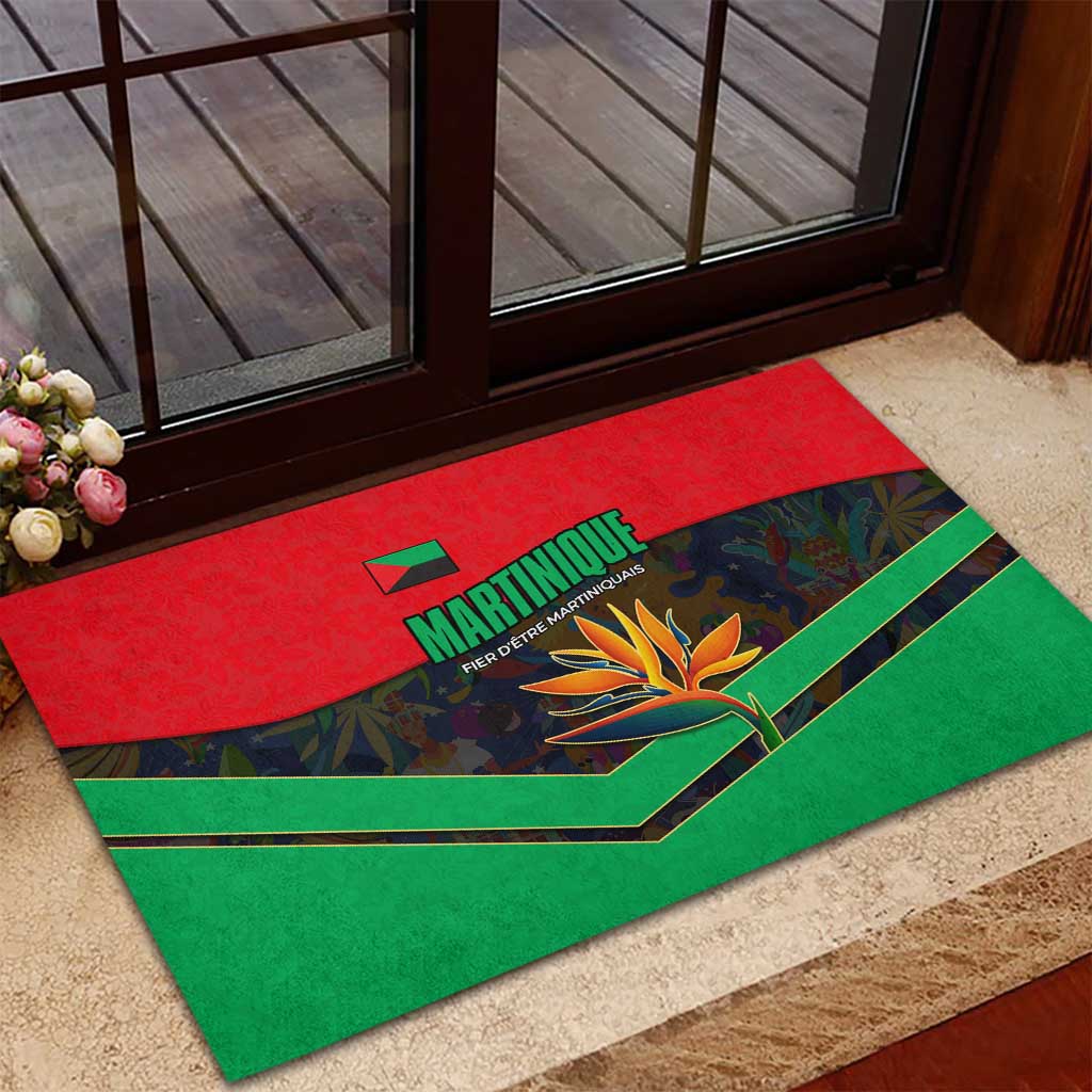 Martinique Pride Rubber Doormat with Red Green Design and Tropical Bird of Paradise Flower