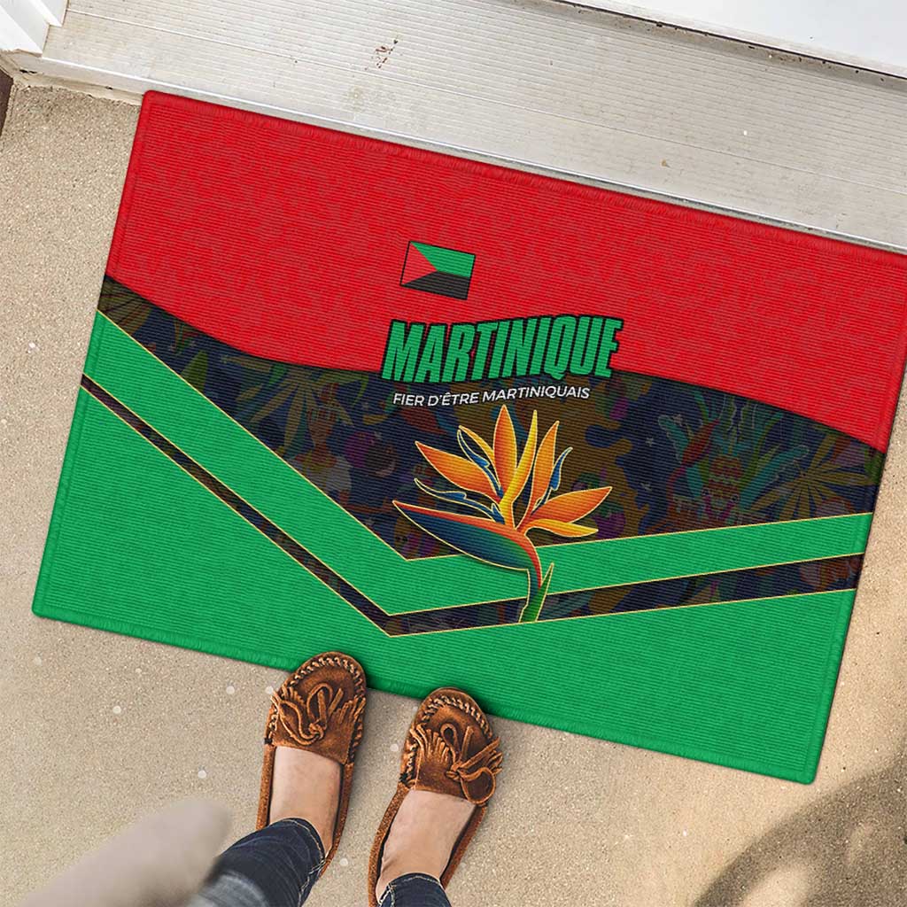 Martinique Pride Rubber Doormat with Red Green Design and Tropical Bird of Paradise Flower