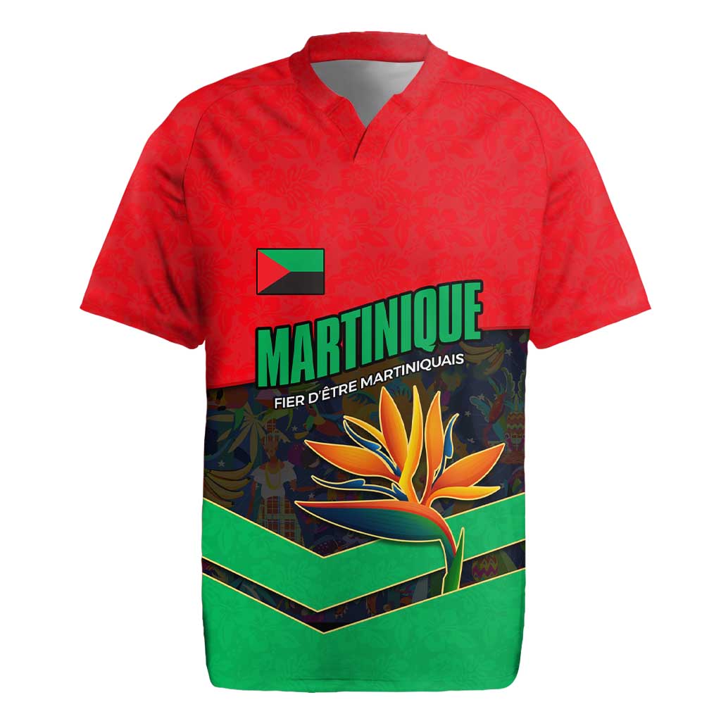 Martinique Pride Rugby Jersey with Red Green Design and Tropical Bird of Paradise Flower