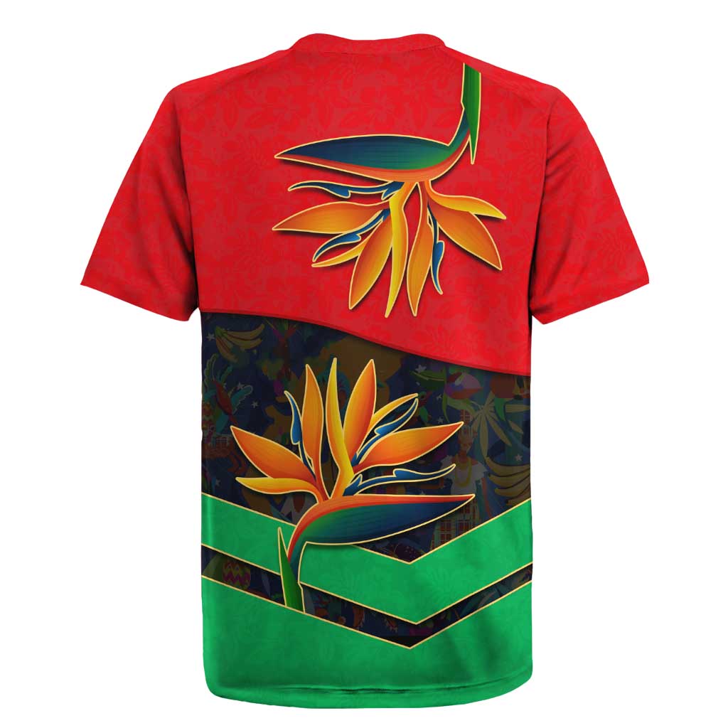 Martinique Pride Rugby Jersey with Red Green Design and Tropical Bird of Paradise Flower