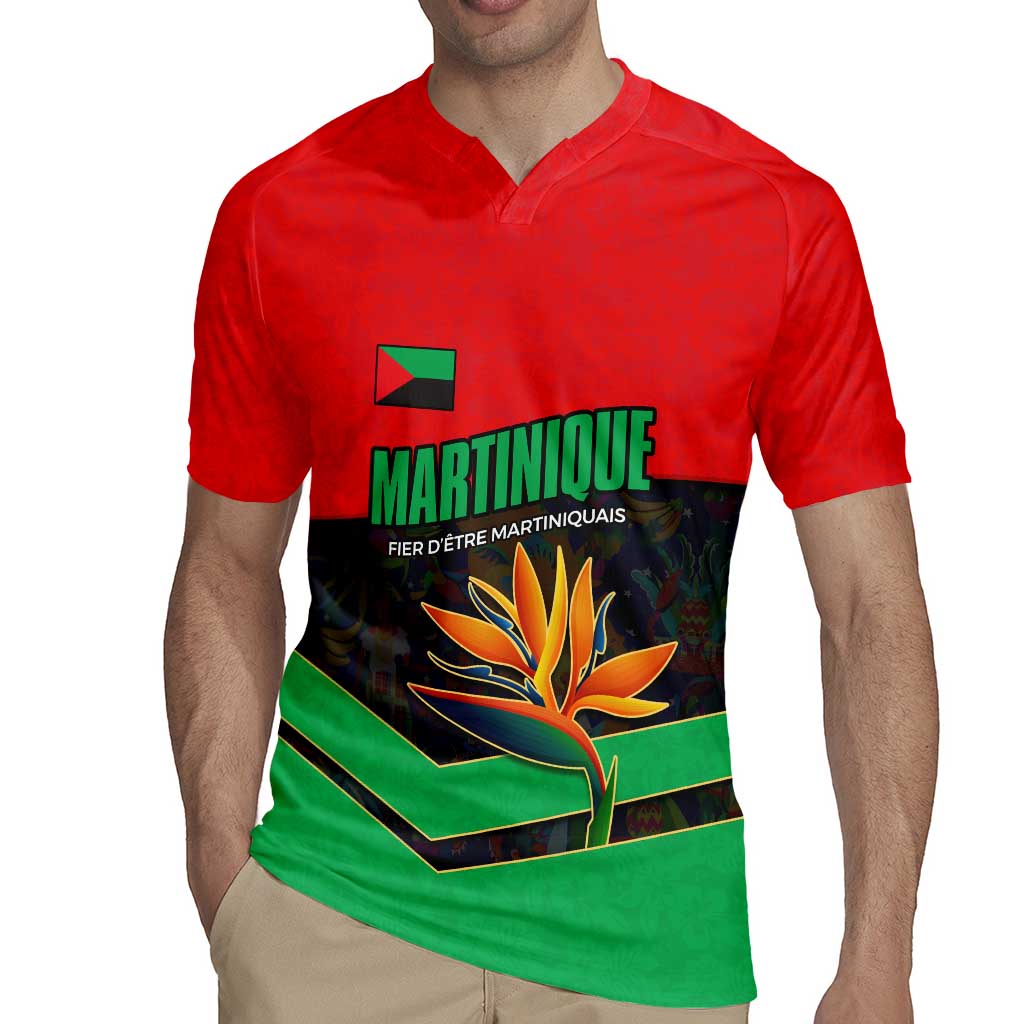 Martinique Pride Rugby Jersey with Red Green Design and Tropical Bird of Paradise Flower