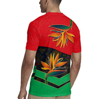 Martinique Pride Rugby Jersey with Red Green Design and Tropical Bird of Paradise Flower