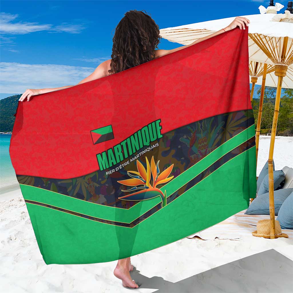 Martinique Pride Sarong with Red Green Design and Tropical Bird of Paradise Flower