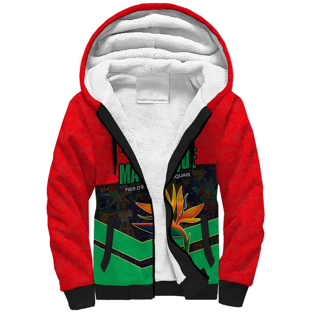 Martinique Pride Sherpa Hoodie with Red Green Design and Tropical Bird of Paradise Flower