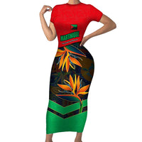 Martinique Pride Short Sleeve Bodycon Dress with Red Green Design and Tropical Bird of Paradise Flower