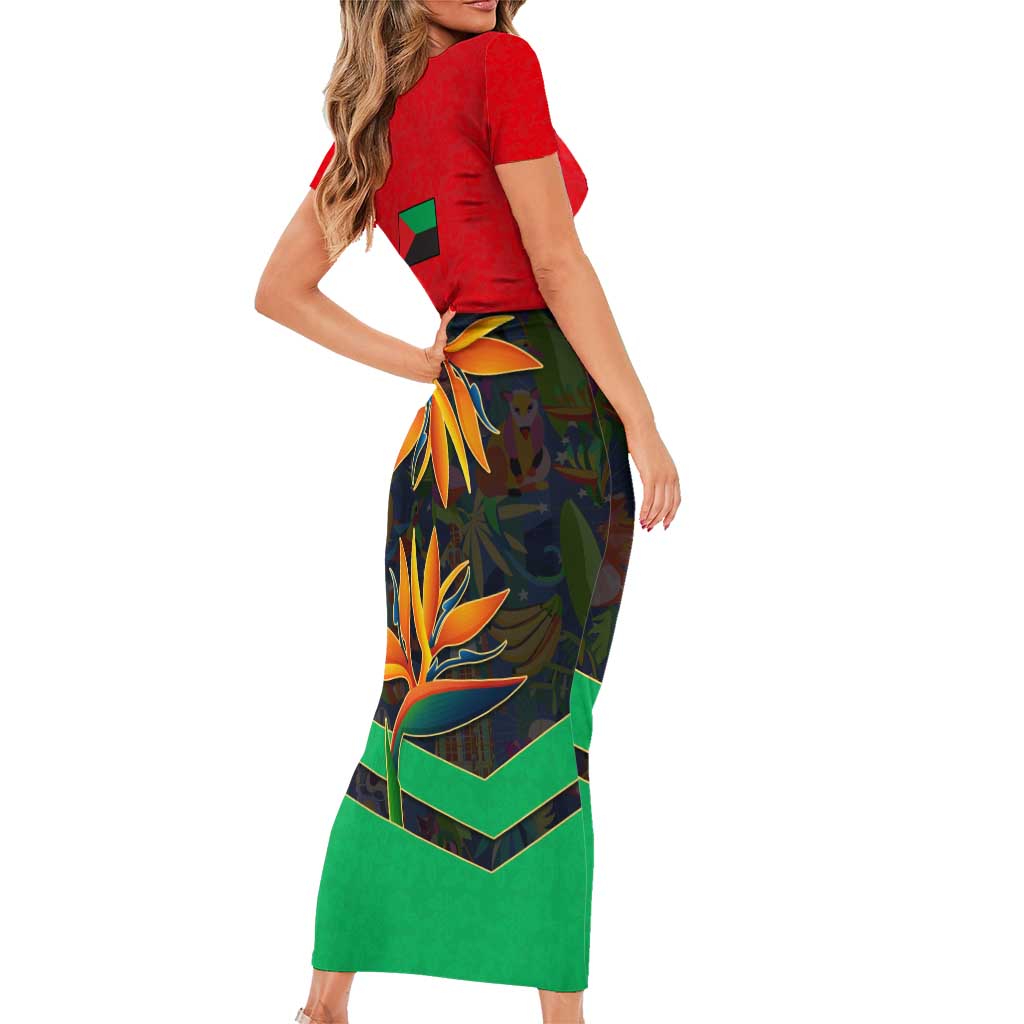 Martinique Pride Short Sleeve Bodycon Dress with Red Green Design and Tropical Bird of Paradise Flower