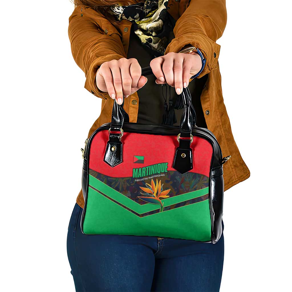 Martinique Pride Shoulder Handbag with Red Green Design and Tropical Bird of Paradise Flower