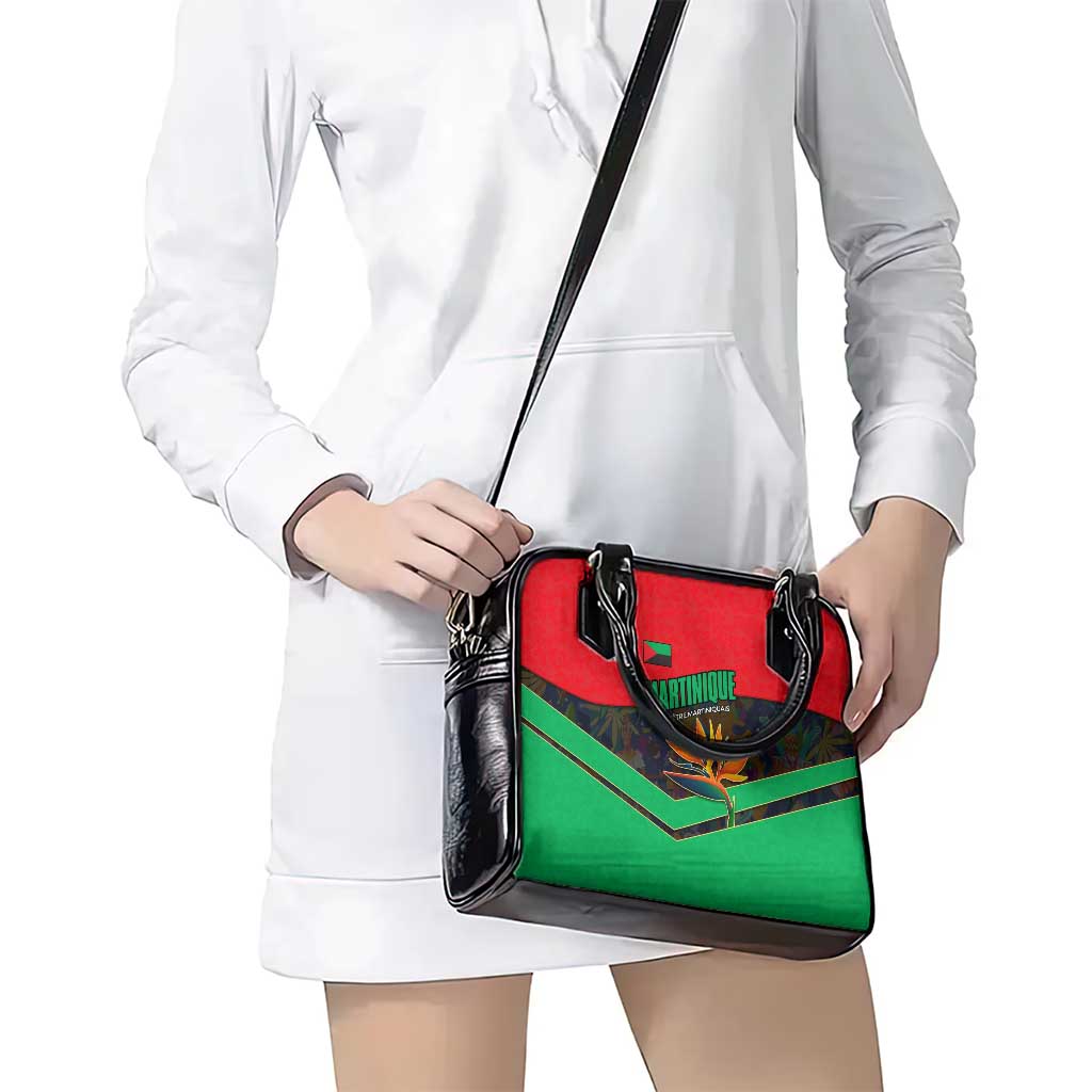 Martinique Pride Shoulder Handbag with Red Green Design and Tropical Bird of Paradise Flower