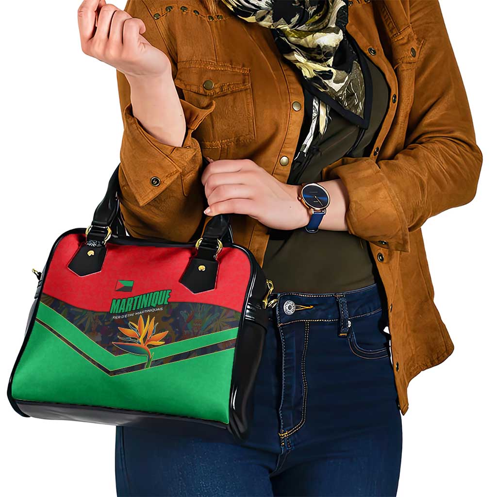 Martinique Pride Shoulder Handbag with Red Green Design and Tropical Bird of Paradise Flower
