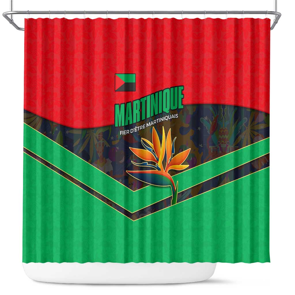 Martinique Pride Shower Curtain with Red Green Design and Tropical Bird of Paradise Flower